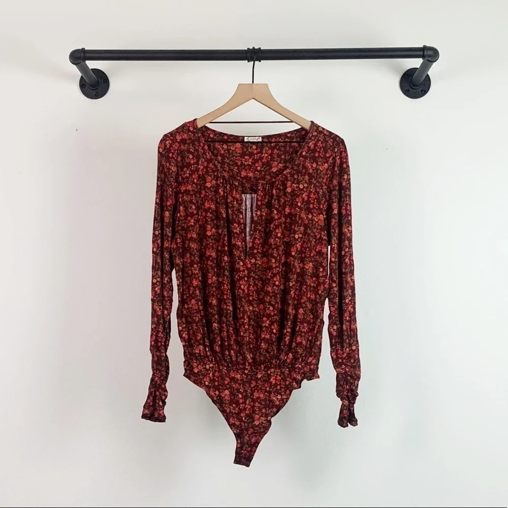 NWT Free People Kaya Floral Printed Keyhole Long Sleeve Ruched Bodysuit